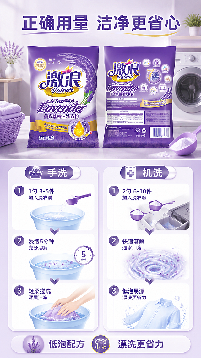 [第4屏] 使用方法演示 · 手洗机洗三步用量指引。本屏使用【图1】正反面包装作为产品参考（用量信息参考背面说明）。
[氛围/风格] 清新实用风，步骤清晰，生活化场景，信息直观易读。
[元素布局] 画面上半部分展示产品包装袋正面，下半部分左右分栏：左侧手洗步骤，右侧机洗步骤；每栏3步流程，配简约图标和用量勺示意；背景为淡紫色洗衣台场景，有水盆、洗衣机轮廓、量勺等元素。
[光影质感] 顶部柔和自然光，整体明亮均匀，步骤图标微微发光，干净整洁的洗衣氛围。
[配色色系] 全局底色 #F5F0FB 极浅紫；主色紫色 #7B4FAD；辅助色白色、浅蓝、金色点缀。
[视角构图] 上下结构，上产品下步骤，左右分栏展示手洗/机洗，步骤箭头引导阅读。
[文字版式] 顶部主标题「正确用量 洁净更省心」，紫色粗黑体；左侧「手洗」标题下三步：「1勺 3-5件 / 浸泡5分钟 / 轻柔搓洗」；右侧「机洗」标题下三步：「2勺 6-10件 / 快速溶解 / 低泡易漂」；底部提示「低泡配方 漂洗更省力」。
[比例分辨率] 9:16 竖版比例，4K 分辨率，文字清晰可辨。
[负向提示词] 文字过小，排版拥挤，产品变形，水印，颜色偏差。