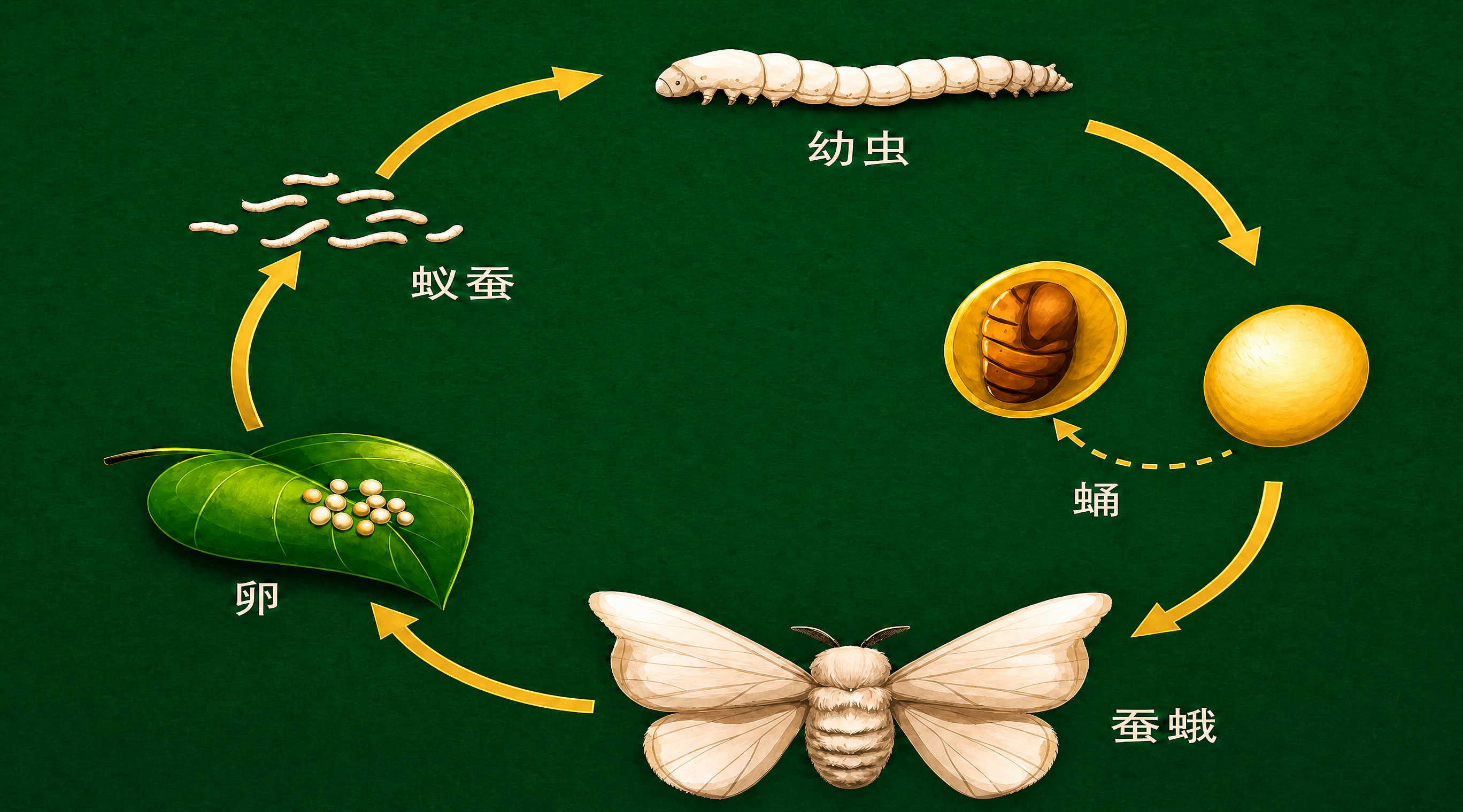 将这张蚕的生长周期示意图的深绿色调调亮，提升整体色彩饱和度和鲜… - 图片创意预览