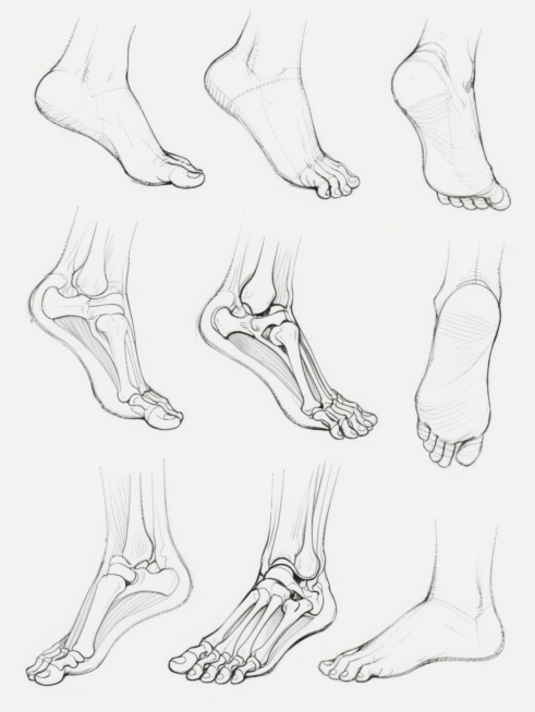 一张白色背景的人体足部结构线稿集，包含多组不同角度、不同姿态的脚部素描图，线条清晰流畅，注重解剖结构的准确性，采用简洁的单线条勾勒，展现足部骨骼与肌肉的动态关系，具有专业的美术教学参考价值，风格统一为干净利落的手绘线稿。预览效果