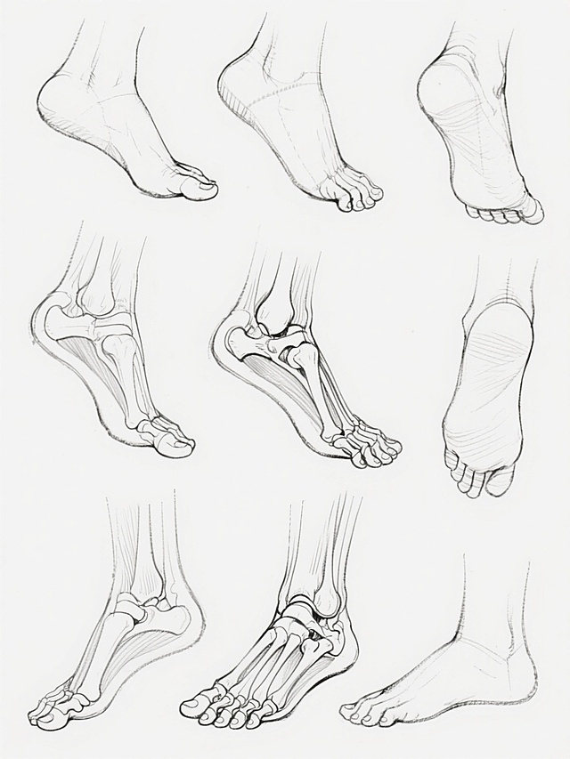 一张白色背景的人体足部结构线稿集，包含多组不同角度、不同姿态的脚部素描图，线条清晰流畅，注重解剖结构的准确性，采用简洁的单线条勾勒，展现足部骨骼与肌肉的动态关系，具有专业的美术教学参考价值，风格统一为干净利落的手绘线稿。