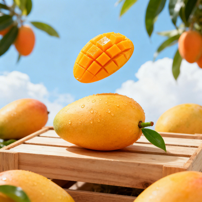 商业美食摄影，小台农芒果主题，明亮清新色调，前景一颗完整的金黄色小台农芒果作为主体，果皮带水珠，果蒂翠绿，周围摆放几个芒果作为点缀，上方悬浮一块切好的格纹芒果果肉，果肉色泽鲜亮橙黄。背景为浅蓝色天空与预览效果