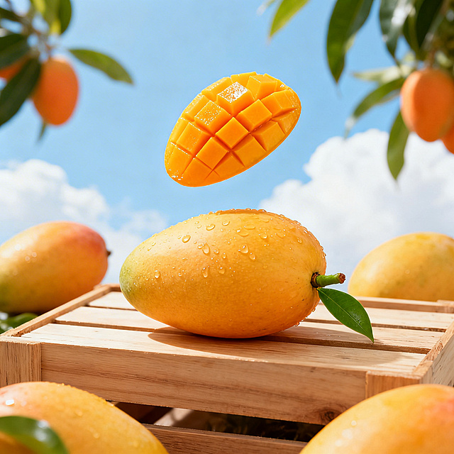 商业美食摄影，小台农芒果主题，明亮清新色调，前景一颗完整的金黄色小台农芒果作为主体，果皮带水珠，果蒂翠绿，周围摆放几个芒果作为点缀，上方悬浮一块切好的格纹芒果果肉，果肉色泽鲜亮橙黄。背景为浅蓝色天空与白云，搭配虚化的芒果树叶和橙黄色果实，营造热带果园氛围。构图为浅景深，原木色木质板条箱承载芒果，自然柔和侧逆光，突出果肉通透感和果皮水润光泽，风格干净治愈，高饱和度色彩，细节清晰，适合电商产品图，8K超写实，质感细腻