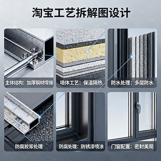 淘宝细节工艺拆解图，分五部分展示：1. 主体结构（加厚钢材焊接）2. 墙体工艺（保温隔热）3. 防水处理（多层防水）4. 防腐处理（防锈漆喷涂）5. 门窗配置（密封美观），每个部分配对应细节放大图+文字说明，冷光色调突出质感，几何无衬线字体，工业灰主色调