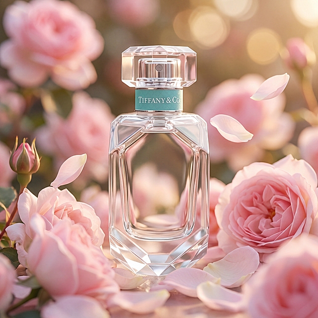 保持原图香水产品外观和物理结构绝对不变，蒂芙尼品牌logo原样保留，瓶身剔透不变形。更换背景为法式浪漫花香氛围感场景，柔粉色玫瑰花丛围绕，浅景深虚化背景，柔和漫射暖光，洒落自然焦散光斑，点缀飘落的浅粉色花瓣，营造优雅高级的香水展示效果，商业高端美妆摄影，画质干净通透，4K超清。严格锁定宽高比为1:1，产品不扭曲不变形。负向词：接口错位,结构变形,瓶身扭曲,液体浑浊,廉价塑料感,摄影灯,水印,文字,昏暗,粗糙边缘,畸变,透视错误,杂乱,多余美妆瓶罐同类商品,死黑阴影,硬光,高对比度