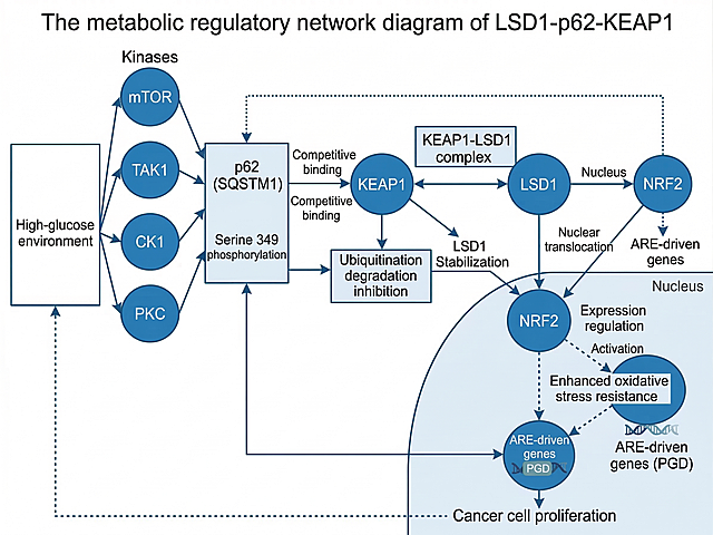 Scientific pathway diagram titled "The metabolic regulatory network diagram of LSD1-p62-KEAP1". Clear flowchart layout showing the complete signaling cascade: starting from high glucose environment at the top, activating kinases (mTOR, TAK1, CK1, PKC), phosphorylating p62 at Ser349, competitive binding to KEAP1 releasing LSD1, LSD1 stabilization, complex formation with NRF2, nuclear translocation, activation of ARE-driven genes (PGD), enhanced oxidative stress resistance and final cancer cell proliferation. Each molecule and step clearly labeled, with directional arrows indicating activation/inhibition. Professional molecular pathway diagram, clean scientific style, blue and white color scheme, high readability.
