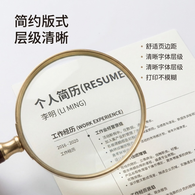 [主图主题] 版式细节展示
[氛围/风格] 高清特写，突出高级质感
[画面元素] 放大镜特效放大简历的标题区域和正文分栏，展示简约大气的版式设计，清晰的字体层级和舒适的页边距，背景为浅灰白色，整体突出预览效果
