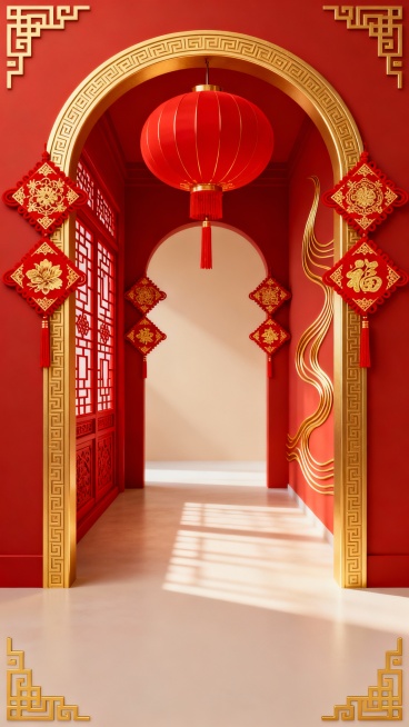请帮我生产三张图片，这是一张具有浓厚中国传统节日氛围的海报，采用竖版构图，整体以正红色为主色调，搭配金色线条勾勒细节，营造出喜庆、庄重的视觉效果。海报中央是一个由金色边框装饰的拱形门廊，门廊上方悬挂着预览效果