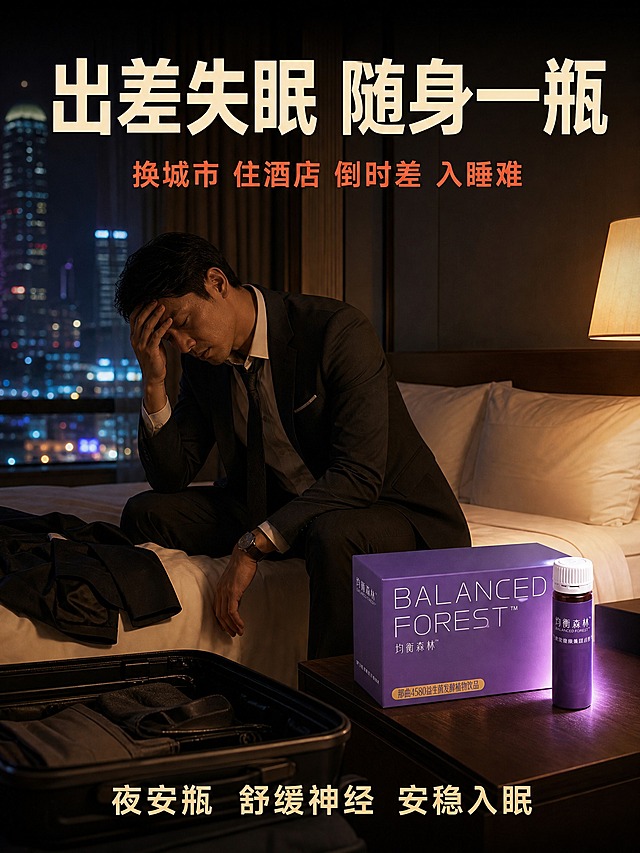 [主图-1] 出差失眠族场景 抖音3:4主图
[统一基调] 整体风格为真实场景化+产品植入，抖音强视觉冲击风格，画面有故事感和代入感；背景色调偏暖紫夜色，产品紫色包装与场景协调；标题字色为米白色，辅助字色为淡金色，痛点字色为橙红色；字体样式为现代无衬线粗体，字号层级分明。
[画面] 高端酒店客房夜景场景，窗外是城市夜景灯光，床上放着打开的行李箱和商务西装，一位商务男性坐在床边，手扶额头面露疲惫，表现出入睡困难的状态；床头柜上放着一支均衡森林紫色口服液小瓶和产品礼盒，小瓶发出柔和的微光，成为画面视觉焦点；整体氛围是出差异地的陌生感与失眠的烦躁感，产品作为解决方案出现。
[光影质感] 商业摄影质感，主光为酒店暖黄色床头灯，窗外有城市冷光形成对比，人物面部有疲惫的光影，产品瓶身有明显高光突出，整体光线有层次，营造深夜失眠的真实感。
[配色] 背景深紫蓝色夜色，酒店暖黄色灯光，产品紫色包装，人物服装深色商务风，标题米白色，痛点文字橙红色。
[文字版式] 画面顶部大标题"出差失眠 随身一瓶"，米白色粗体大字；标题下方小字痛点"换城市 住酒店 倒时差 入睡难"，橙红色中号字体；画面底部产品旁标注"夜安瓶 舒缓神经 安稳入眠"，淡金色中号字体；文字放在上下负空间，不遮挡核心场景。
[输出要求] 比例3:4，文字清晰可读，产品清晰完整不变形，无错字，画面真实有代入感，无水印，无平台Logo，禁止出现医疗功效暗示和绝对化用语，人物自然真实无畸形。