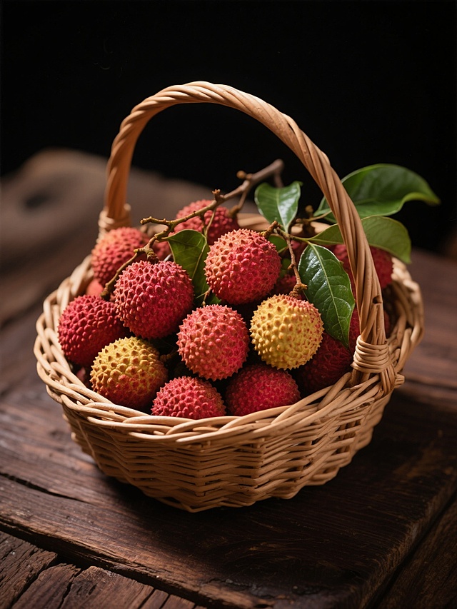 一个装满新鲜荔枝的浅棕色藤编小篮子，荔枝果实饱满，红中带黄，表面布满密集的小尖刺，部分荔枝带有翠绿的叶子和细小的枝条。篮子放置在一块古朴的深棕色木板上，木板纹理清晰可见。整体采用深色背景，光线从左上方柔和照射，在荔枝和篮子上形成明显的高光和阴影，突出果实的质感和立体感，营造出温暖而富有食欲的氛围。