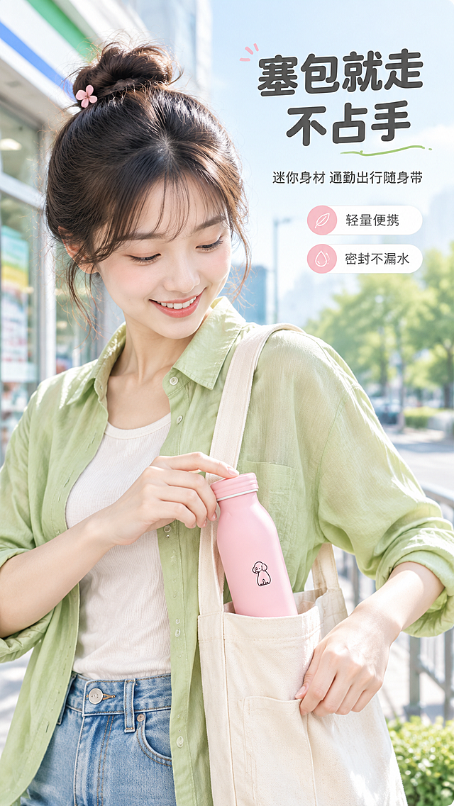 [商品] 使用【图1】樱花粉款马卡龙迷你保温杯；保留圆润牛奶瓶造型、旋盖、磨砂质感、小狗图案，不改变颜色和结构。
[画面] 目标：人物使用·出行便携页，突出小巧随身、塞包就走。构图：便携随行型，亚洲年轻女生半身（胸以下），站在清新街景/便利店门口，正将保温杯随手塞入帆布挎包侧袋；一只手轻扶杯盖，动作自然；产品占画面约45%；背景为柔焦城市街景/绿植人行道，明亮日间光线。
[视觉] 套系策略：风格=清新马卡龙多巴胺风商业摄影；标题字=圆角粗黑体；正文字=简洁无衬线体；主色=马卡龙青苹果绿；背景延展=浅蓝+淡绿柔焦户外街景，同色系深浅层级；强调色=樱花粉，仅用于小面积图标和标签；标题色=深暖灰；正文色=中暖灰；组件=圆角浅底信息卡、细线引线；光影=日间柔和自然光，人物与产品光影一致。
[文字] 右上留白放主标题「塞包就走 不占手」，副标题「迷你身材 通勤出行随身带」，下方2个短卖点：轻量便携、密封不漏水。文字不遮挡人物手部和杯身主体。
[规格] 图片比例9:16竖版，4K分辨率，淘宝/天猫详情页适配，中文文案，亚洲模特；避免变形、错字、文字过小、杯身颜色改变、人物动作僵硬、极限词。