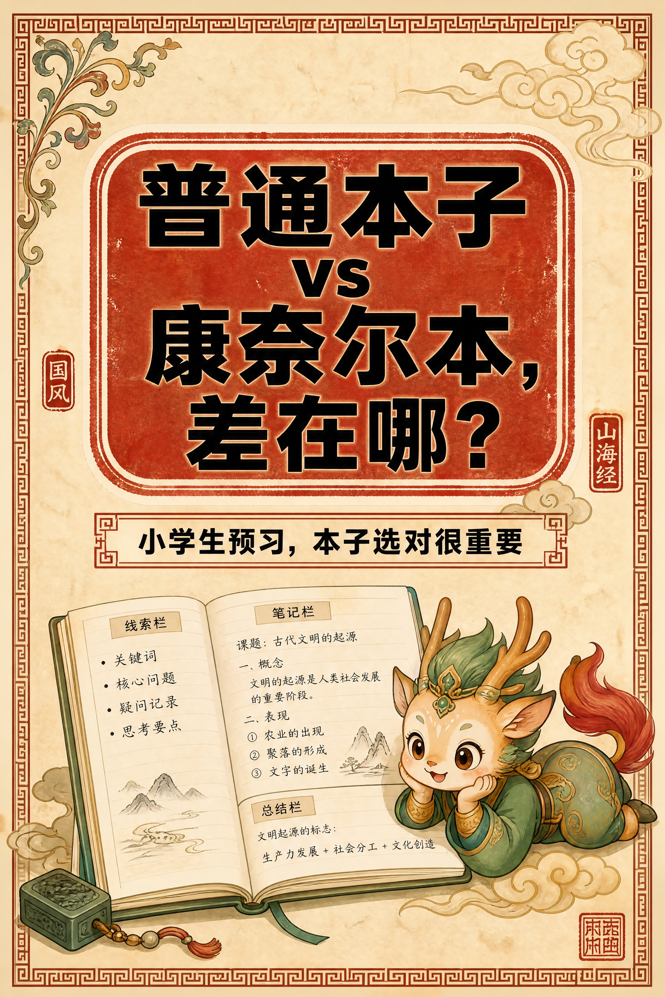 小红书笔记大字封面，配图大字，国风山海经风格，米黄色宣纸纹理背… - 图片创意预览
