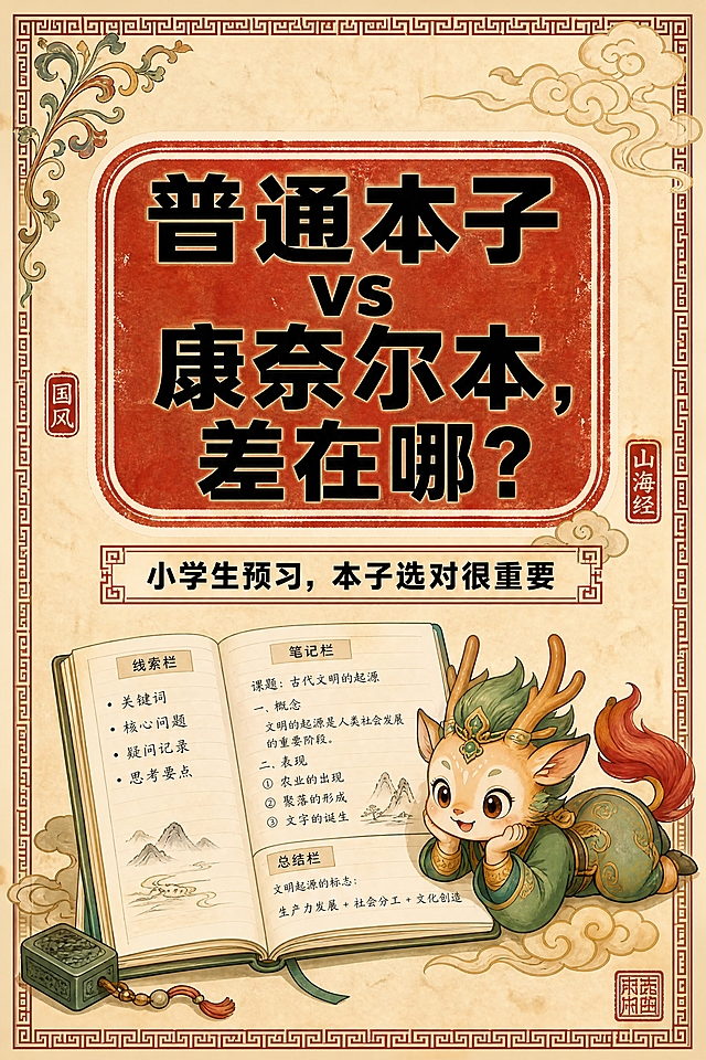 小红书笔记大字封面，配图大字，国风山海经风格，米黄色宣纸纹理背景、朱红色印章式标题框、黑色粗黑体标题字、回纹边框、祥云卷草纹边角装饰，整体典雅国风气韵。版式精美，小红书笔记封面质感，适合信息流点击。主标题必须完整呈现且为画面视觉中心，逐字锁定：「普通本子 vs 康奈尔本，差在哪？」。主标题字号占画面约 30% 视觉权重，清晰可读，不得增删改字。副标题：「小学生预习，本子选对很重要」。背景：米黄色宣纸纹理纯色底，带轻微做旧质感。标题排版：黑色粗黑体，主标题置于朱红色印章式圆角矩形框内，白边描边。配图：画面下方展示一本打开的国风康奈尔笔记本（左右分栏样式），鹿蜀小神兽（绿金古装，红尾巴）Q版形象趴在本子旁边，大小适中，增加趣味。装饰：右上角加祥云图案；左上角加卷草纹国风装饰；副标题用回纹细线框装饰；加少量国风印章小元素点缀。整体氛围：国风典雅、教育干货、对比引人好奇。画质：高清细腻，信息层级清晰，文字与背景强对比，所有文字完整处于安全区内不可裁切，四周留安全边距。画面比例 2:3，4K。