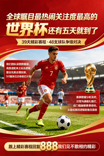 基于原图修改，将标题中的'世界杯'三个字以及底部的'888'这几个数字放大尺寸，并且调整颜色，让这两个文字元素更加醒目突出，整体海报的其他布局和内容保持不变，红色和金色的配色方案保留预览效果