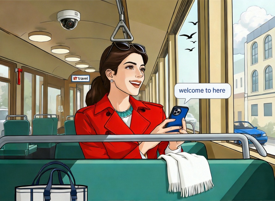 把女人的墨镜改为戴在头上，表情改为欣赏风景的快乐，手机上弹出消息弹窗welcome to here，同时保持画面其他内容、色彩和角度不变。预览效果