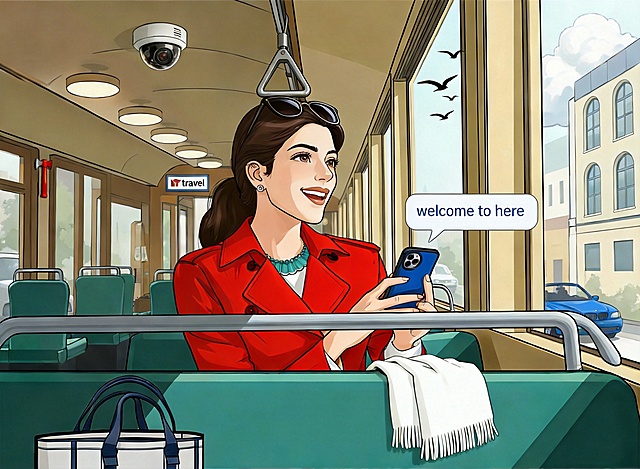 把女人的墨镜改为戴在头上，表情改为欣赏风景的快乐，手机上弹出消息弹窗welcome to here，同时保持画面其他内容、色彩和角度不变。