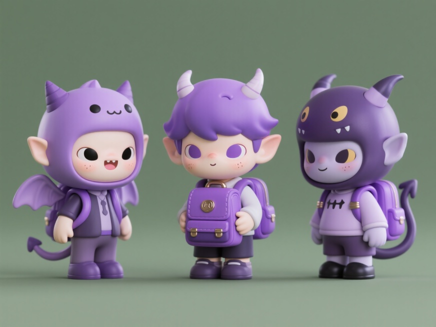 三个不同的紫色书包拟人化Q版妖怪角色，欧美风格设计，每个角色有独特的妖怪特征，如尖耳朵、小翅膀、尾巴等，表情生动可爱，穿着简单的衣物，背景为纯色预览效果