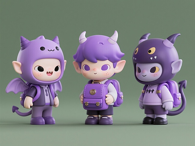 三个不同的紫色书包拟人化Q版妖怪角色，欧美风格设计，每个角色有独特的妖怪特征，如尖耳朵、小翅膀、尾巴等，表情生动可爱，穿着简单的衣物，背景为纯色