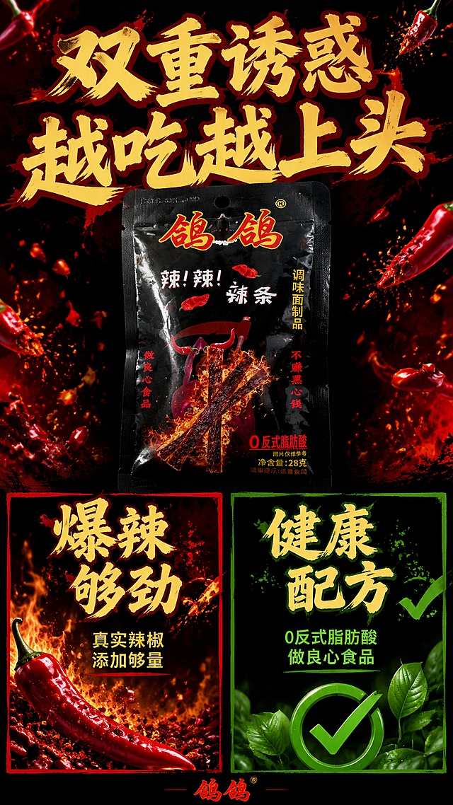 [第2屏] 核心卖点展示-鸽鸽爆辣辣条双重优势。本屏使用【图2】包装图作为品牌展示。
[氛围/风格] 同首屏保持一致，国潮大字报风格，红黑对比，爆辣视觉冲击，信息层级清晰。
[元素布局] 上半部分大标题区，下半部分双栏布局，左侧突出爆辣卖点，搭配满天辣椒碎火焰元素；右侧突出健康卖点，搭配清新绿色对勾装饰；整体产品包装位于中上方，占比约40%，包装文字结构保持与【图2】一致。
[光影质感] 均匀照明，卖点区域用色彩块提亮，文字清晰不发虚，整体对比分明。
[配色色系] 全局底色 #000000 黑色，主色火红，辅助色金黄文字、绿色点缀，保持首屏风格统一。
[视角构图] 正面垂直构图，从上到下阅读，标题→双栏卖点→底部品牌。
[文字版式] 主标题「双重诱惑 越吃越上头」加粗黄红描边字体；左侧卖点主标题「爆辣够劲」配副标题「真实辣椒 添加够量」；右侧卖点主标题「健康配方」配副标题「0反式脂肪酸 做良心食品」，字体风格与首屏保持一致，文字大小适配手机阅读。
[比例分辨率] 9:16 竖版比例，4K分辨率，文字清晰可辨，高清画质。
[负向提示词] 包装变形，文字错乱，颜色偏差，文字过小，水印，背景杂乱。
