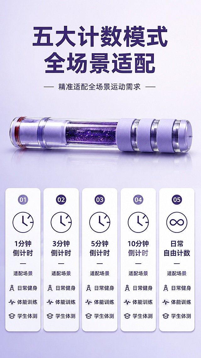 [第3屏] 五大专业智能计数模式展示，精准适配全场景运动需求。本屏整体为简约功能展示版式，保留产品流沙手柄特征。画面使用上下分栏，上方主标题「五大计数模式 全场景适配」，下方五个圆角卡片分别列出：1分钟倒计时、3分钟倒计时、5分钟倒计时、10分钟倒计时、日常自由计数，每个卡片标注适配场景：日常健身、体能训练、学生体测。手柄产品放在画面顶部居中，占比约40%，下方五个卡片整齐排列。背景为浅灰紫渐变底色，卡片使用白色底深紫文字，对比清晰。延续轻奢运动高级质感，光影均匀通透。9:16竖版，4K分辨率，文字清晰可辨。负向提示词：卡片错乱，文字重叠，产品变形，颜色不符。