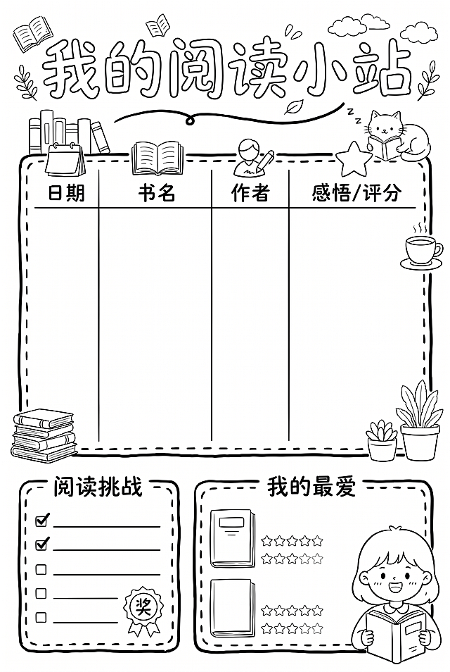 将这张我的阅读小站手抄报转为线稿图，保留所有元素和轮廓，只保留线条，去除所有填充颜色