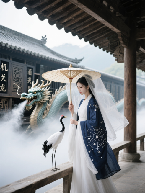 一位云游仙女，身着月白色广袖道袍，外罩绣有星图卦象的深蓝鹤氅，笠檐垂落轻纱。手执一柄古朴的油纸伞，伞骨隐有流光。立于古意盎然的木质重檐歇山顶车站廊下。背景是一列由符文驱动的“机关龙”，龙首喷吐氤氲灵气预览效果