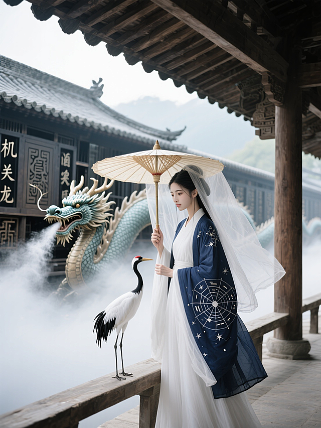 古典中式工笔风，优雅女子持伞立于古建筑前，仙鹤相伴，唯美感十足。