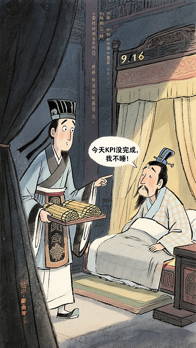深夜寝宫，宦官端来睡衣催嬴政睡觉，嬴政指着没批完的竹简，摇头拒绝，像当代加班打工人一样说“今天KPI没完成，我不睡”，搞笑风格，复古绘本，9:16竖版