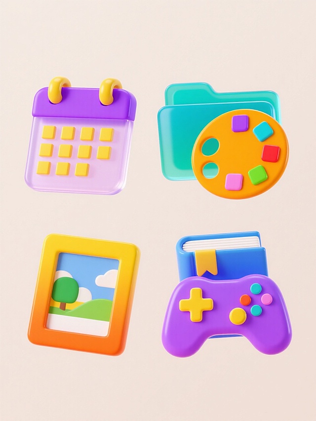 4个不同配色、不同材质的游戏相关元素图标，采用3D立体果冻渐变风格，上下两行对齐排列，浅色背景。第一行从左到右：紫色透明日历图标，带有黄色日历钉和方块日期；蓝绿色半透明文件夹图标，呈现叠加效果；橙黄色调色盘图标，带有彩色颜料块。第二行从左到右：橙黄色相框图标，内含风景图案；蓝紫色书本图标，带有黄色书签；紫色游戏手柄图标，带有十字键和圆形按钮。所有图标边缘圆润，表面光滑，具有高光和阴影效果，色彩鲜艳明快，整体风格可爱活泼。