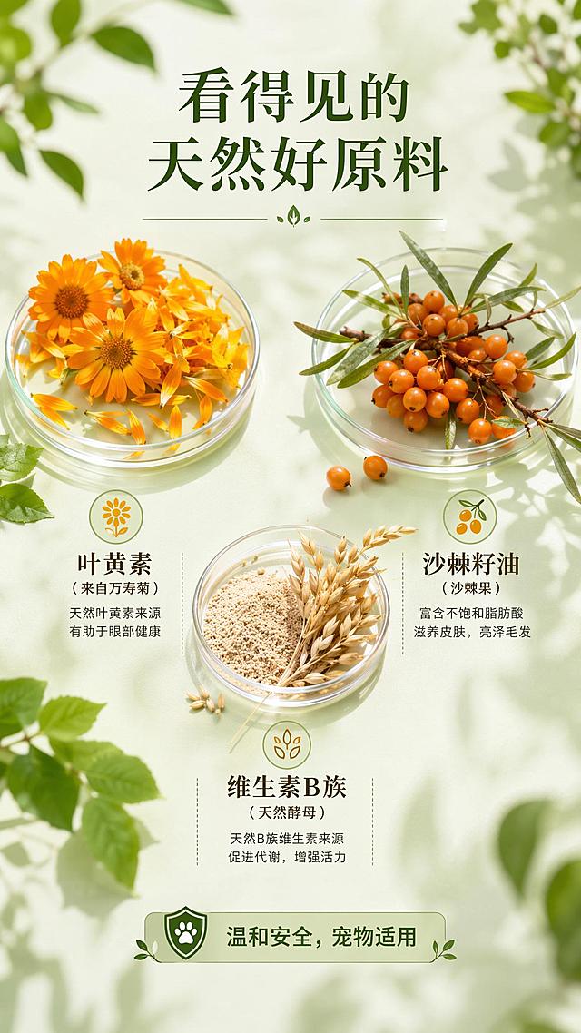 [第4屏] 详情页成分解析屏——天然原料可视化展示。无需产品图。
[氛围/风格] 天然纯净的清新森系风，明亮干净，可信自然。
[元素布局] 三种核心原料错落排列：新鲜万寿菊花瓣、完整沙棘果实、天然酵母谷物分占三个区域，如同实验室托盘中陈列；背景为干净明亮的浅绿森系风格，光线柔和自然；每种原料下方配有说明文字，分列式排版清晰有序。
[光影质感] 柔和自然漫射光，突出原料新鲜质感，色彩真实自然，阴影柔和。
[配色色系] 全局底色 #F2F8F0；主色植物自然绿、沙棘暖橙、谷物浅黄；辅助色浅绿背景，深棕文字。
[视角构图] 平视微俯角度，三分构图，每种原料占比均匀。
[文字版式] 顶部标题「看得见的天然好原料」；每种原料下方分别标注：叶黄素（来自万寿菊）、沙棘籽油（沙棘果）、维生素B族（天然酵母）；底部标注「温和安全，宠物适用」；文字分区清晰，不遮挡原料主体。
[比例分辨率] 9:16竖版比例，width:1080, height:1920，4K分辨率，文字清晰可辨，高清画质。
[负向提示词] 原料腐烂变质，文字错乱，排版混乱，水印，虚假认证