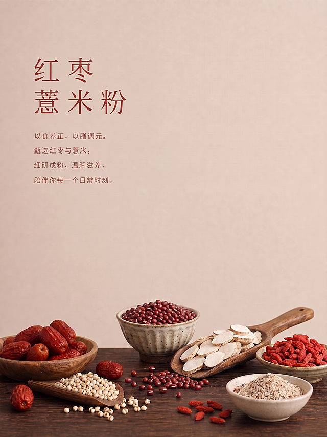 将主体产品图去掉，丰富其他的原材料内容，红枣，薏米，赤小豆，山药，枸杞