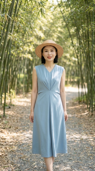 正面中长焦全身照，模特穿着参考图中的浅蓝色无袖V领收腰连衣裙，模特长相和表情与https://4.jpg这张图里90%相似，在竹林小道场景，柔和自然光，新中式高级感，画面留白多，8k真实摄影质感预览效果