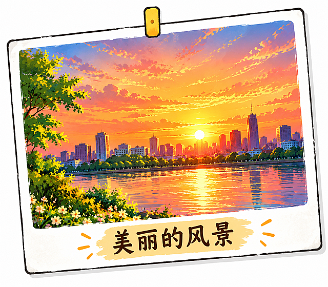 从这张黑板报中提取并单独生成第七张照片风格插画：美丽的日落风景，城市建筑轮廓在夕阳余晖中，天空呈现橙红色和金色的渐变，宁静美好。手绘插画风格，色彩温暖绚丽。画面下方有文字标签"美丽的风景"。横版构图，独立完整的单张插画，白色背景，高清细节，带拍立得/相框效果。