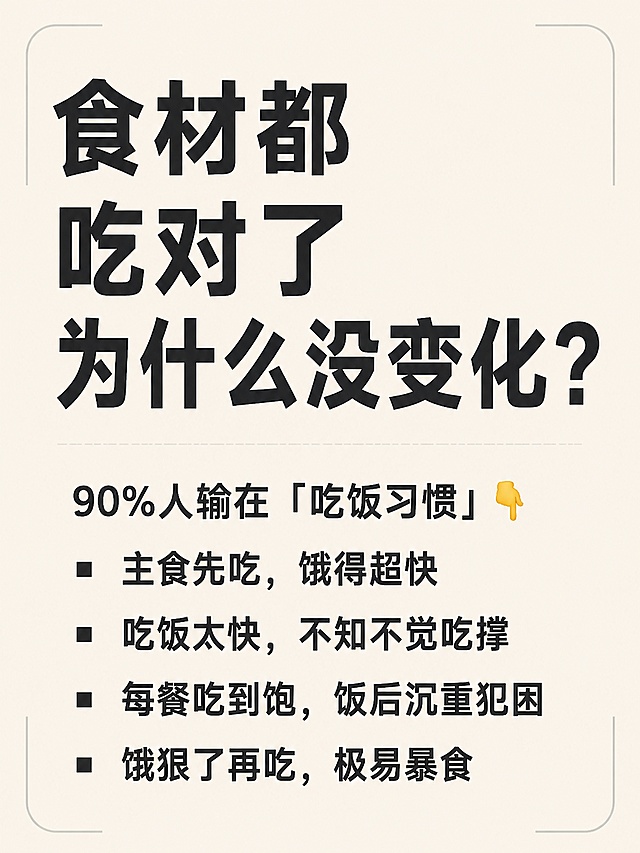 小红书笔记大字封面，纯大字，ins清新奶油风，版式精美，小红书笔记封面质感，适合信息流点击。版式骨架、分区比例、色调体系与参考图保持一致（相似度约85%），文案替换为本次内容。主标题必须完整呈现且为画面视觉中心，逐字锁定：「食材都吃对了为什么没变化？」。主标题字号占画面约45%视觉权重，清晰可读，不得增删改字。副标题第一行：「90%人输在「吃饭习惯」👇」。下方列表四条，左对齐，逐条为：「▪️主食先吃，饿得超快」「▪️吃饭太快，不知不觉吃撑」「▪️每餐吃到饱，饭后沉重犯困」「▪️饿狠了再吃，极易暴食」。背景：浅米色纯色底，暖白光，低饱和，干净留白，与参考图同色系浅米奶油色调。标题排版：采用纯大字P07策略，扁平超粗黑体/sans，深灰黑色字，主标题分三行左对齐或居中，副标题字号明显小于主标题，列表字号再小一级，行间距宽松。装饰：画面四角有与参考图一致的细圆角线框装饰（左上角和右下角各一段短弧线框）；主标题与副标题之间一条细虚线分隔；右下角或副标题旁1个向下指的小手emoji贴纸，尺寸小，不抢主标题；整体无夸张贴纸、无多余装饰。整体氛围：暖白光、低饱和、干净留白、极简治愈、干货分享感。画质：高清细腻，信息层级清晰，浅底深字强对比，文字完整处于安全区内不可裁切，四周留充足安全边距，无违禁词、无效果承诺。画面比例3:4。图生图：严格使用用户上传图片作为版式参考，【图1】=参考版式与色调，保留构图结构、字体气质、四角线框装饰和留白节奏，仅替换全部文案内容。