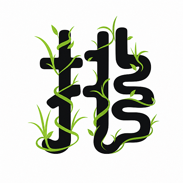 干净的纯白色背景。平面艺术字体设计，一个字"排"，扁平化风格，创意黑体字体设计，将字体进行抽象变形，结合肠道消化的曲线形态，猫草自然缠绕在笔画上，笔画被猫草藤蔓缠绕融合，绿色猫草叶片穿插在笔画之间，保持字体结构清晰可识别，绿色猫草与黑色字体形成色彩对比，整体简约现代，线条流畅舒展，字体整体完整呈现在画面内不可被裁切，四周留有安全边距。比例1:1
