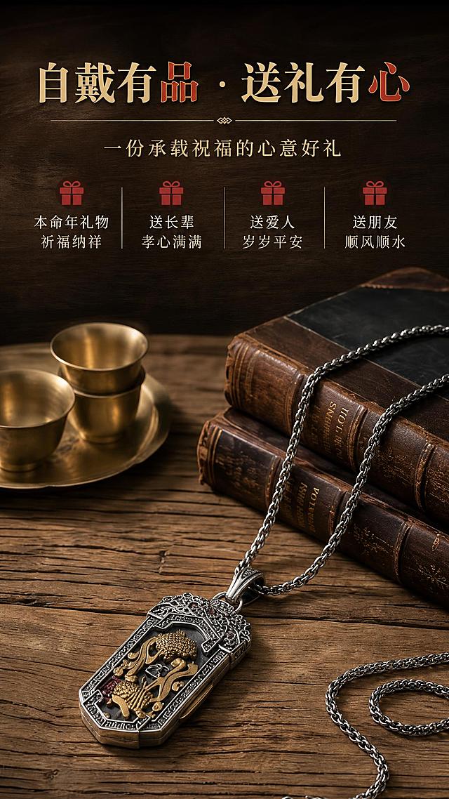 [商品] 使用【图5】右侧平铺场景图（吊坠+古书+金杯）；保留吊坠外形、银色链条、古书金杯道具场景，不改变产品结构和场景布置。
[画面] 页面目标：礼赠场景传达，突出自戴送礼双适用。构图：产品平铺场景占画面下半部分，上半部分留白放文案；背景为深棕木桌纹理；阅读动线从上到下。
[视觉] 套系策略：风格=国风暗调高级商业摄影，延用主图质感；标题字=宋体加粗书法衬线体；正文字=简洁宋体；主色=深棕木色+做旧银灰；背景延展=深棕木桌纹理、暖光光晕、暗角层次；强调色=暖金+朱砂红，仅用于标题重点字和礼盒图标；标题色=暖金色；正文色=米白浅灰；组件=礼盒小图标、细线分隔、回纹装饰；光影=上方暖柔光，复古质感浓郁，金属光泽温润。
[文字] 上半部分主标题"自戴有品 · 送礼有心"，副标题"一份承载祝福的心意好礼"；下方4个横排卖点："本命年礼物 祈福纳祥""送长辈 孝心满满""送爱人 岁岁平安""送朋友 顺风顺水"。文字均为横排。
[规格] 图片比例9:16竖版，2K，medium质量；避免变形、错字、文字过小、冷蓝背景、产品颜色改变、结构失真、极限词。