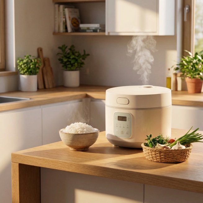 电饭煲家居场景图，纯图布局无任何文案。温馨现代厨房一角，电饭煲放置在浅原木色料理台上，旁边摆放着盛好米饭的陶瓷碗、一小筐新鲜食材，柔和暖黄色的午后阳光从侧面窗户洒入，在台面形成自然光影渐变，背景虚化可预览效果
