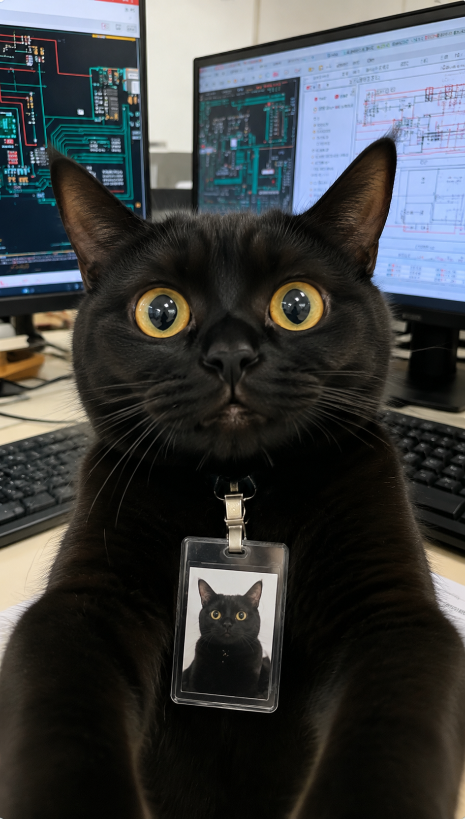 参考第一张图的风格构图：一只黑猫坐在办公室工位前，两只前爪向前… - 图片创意预览