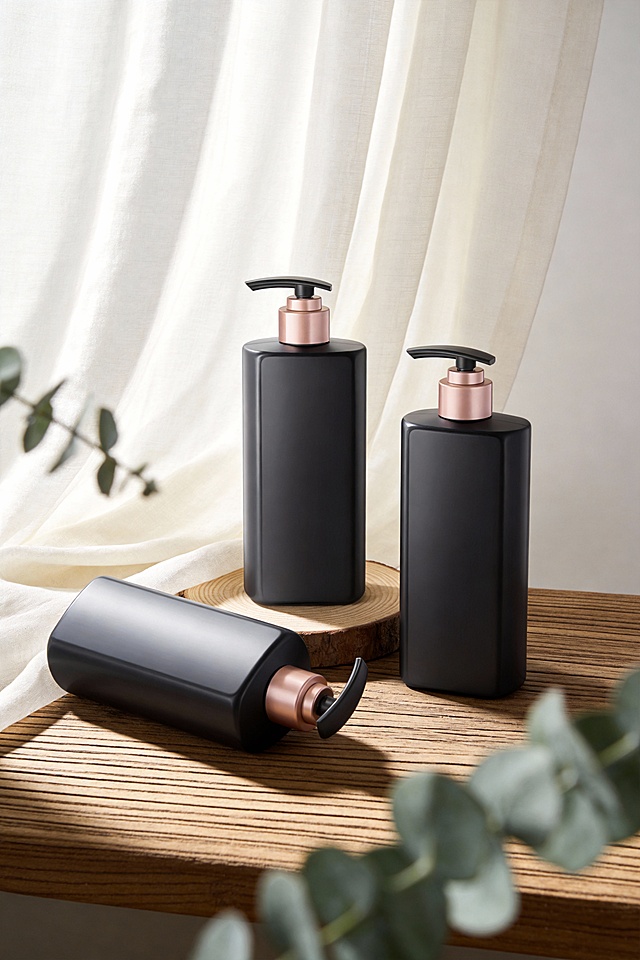 帮我生成图片：比例 「2:3」轻奢高级感美妆广告风格，中景构图，柔和米白色与深黑色为主调，搭配温暖的原木色与铜金色点缀，自然光侧逆光摄影，主体为三瓶蓬松洗发水，一瓶直立摆放于原木圆形砧板上，一瓶立于木纹台面上，还有一瓶倾斜放倒在旁，三个产品靠近一些，瓶身为哑光黑搭配铜金色按压泵头，无人物动作与表情，营造出优雅、高级、治愈的氛围感，画面带有柔和的光影层次与细腻的布料纹理，8K 超高清画质，背景为垂坠的半透米白色丝滑棉麻布料与质朴的木质台面，前景点缀虚化的一小枝尤加利叶增添自然质感