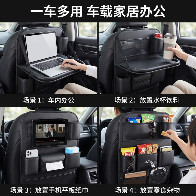 [主图 4]展示车载座椅后背收纳袋多场景适用性。氛围风格：多用场景拼贴，清晰展示多用性。画质：商业摄影质感、光线柔和通透、产品清晰真实、画面干净高级。元素：四宫格拼图，分别展示在车内办公放置电脑、放置预览效果