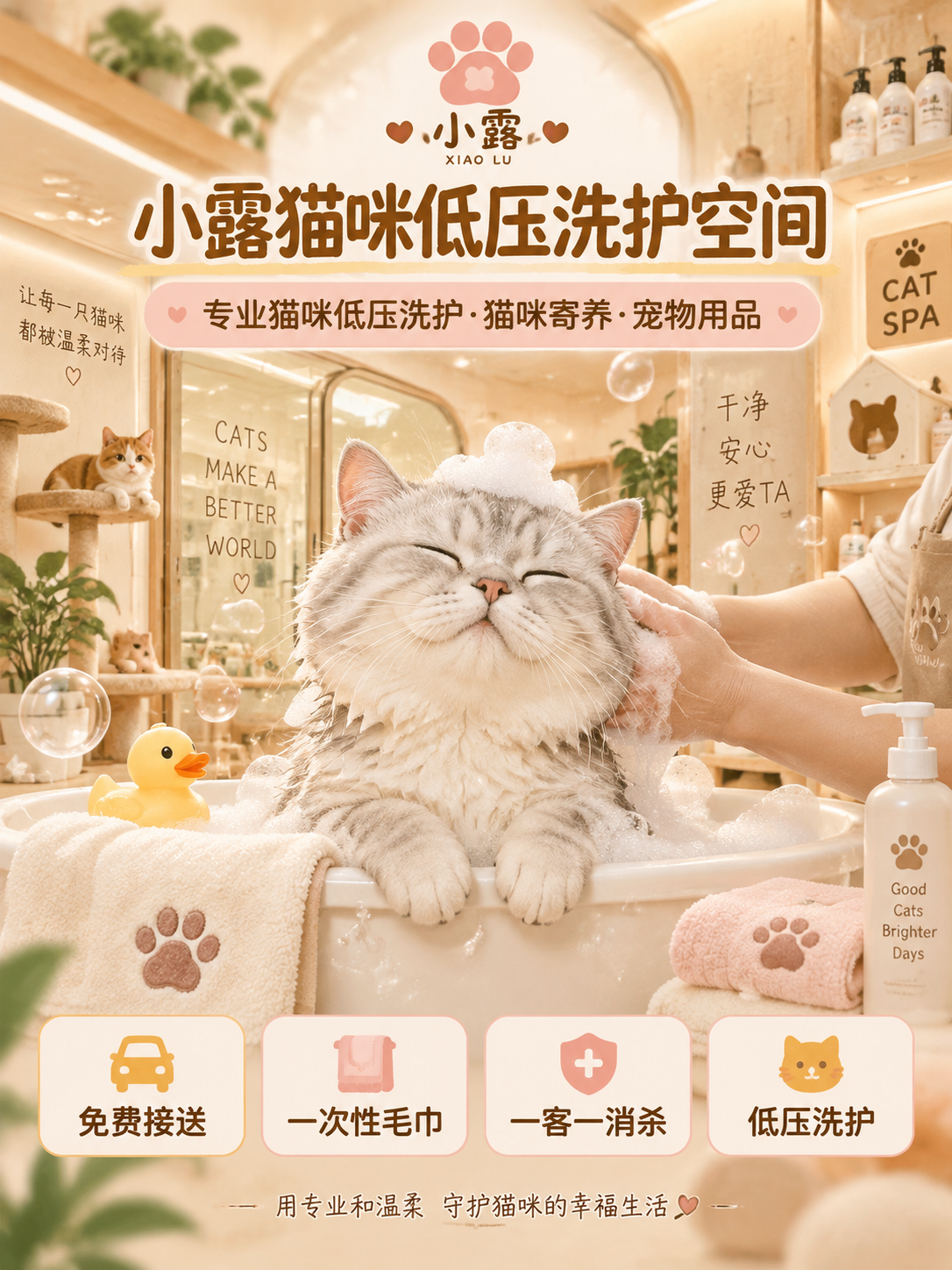 美团店铺主页投图，温馨治愈奶油暖色调风格。画面中央是一只可爱的… - 图片创意预览