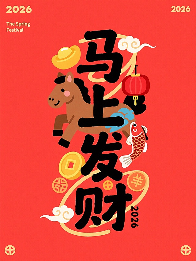 主体是竖版黑色 “马上发财” ，拙气扁平手写风格，上下保留一定边距。叠加于正红底色之上，字间穿插卡通棕马、锦鲤元素与元宝、铜钱、红灯笼、祥云符号，点缀 “2026”。四角辅以2026、The Spring Festival小字装饰元素。