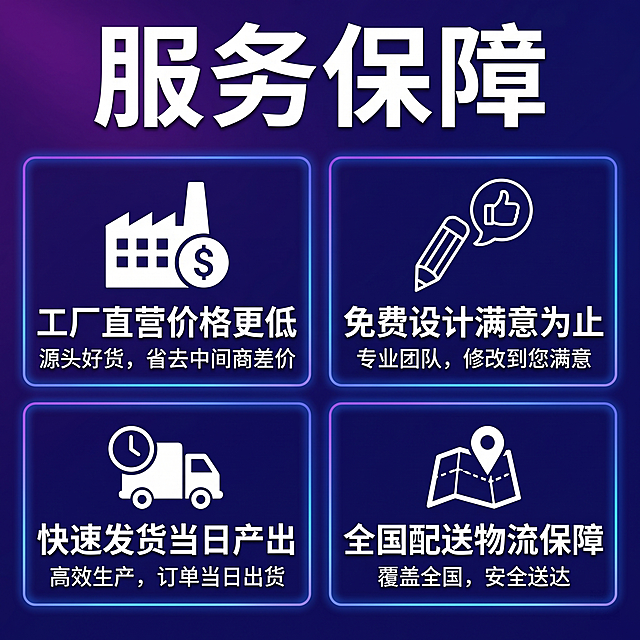 [主图 5] 室内背胶海报服务承诺展示图，整体风格保持与主图1一致的蓝紫电商风。
[氛围风格] 拼多多风格 直白高性价比 电子商务风
[画质] 商业广告质感、光线通透、文字清晰锐利、画面干净高级
[元素] 画面中部横向排列四个服务承诺图标配文字：工厂直营价格更低，免费设计满意为止，快速发货当日产出，全国配送物流保障。图标简洁大方，排版整齐有序，商品信息展示占比合理。商品主体占比严格控制在60%-80%，画面满无边框。
[光影] 整体均匀光照，图标和文字清晰突出
[配色] 主色调深蓝色，辅助撞色紫色和粉色，深底亮字对比强烈，和主图1保持统一
[视角构图] 中心均衡构图，干净整洁
[文字版式] 顶部大标题 "服务保障"，四个服务承诺名称加粗，说明文字缩小，对比清晰，易于阅读
[比例分辨率] 1:1 比例，2k 分辨率，文字清晰可辨，超高清
[负向提示词] 变形，水印，文字错乱，产品模糊，背景杂乱，牛皮癣，配色刺眼，遮挡主体