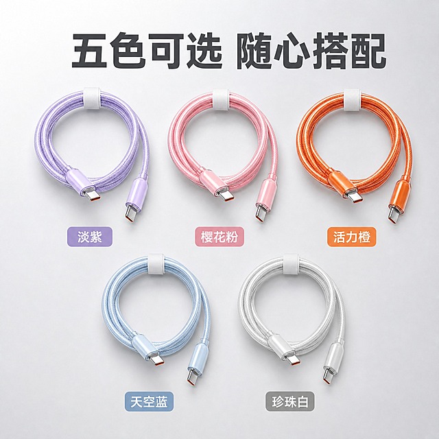 [主图-5] Type-C编织数据线 五色SKU选购总览图。
[统一基调] 科技质感电商主图，冷灰色渐变背景，整体干净高级，产品为第一视觉层级；字体使用无衬线粗体，标题字色为深灰色，辅助字色为中灰色，强调色为科技蓝；卡片与图标统一圆角矩形样式，光影方向统一从左上到右下，产品接触阴影真实自然。
[画面] 画面整齐展示五条不同颜色的Type-C编织数据线，采用2x3网格或横向排列方式，每条线都盘成圆环并用白色魔术贴扎带束好，插头朝向一致；五色分别为：淡紫色、樱花粉、活力橙、天空蓝、珍珠白，每个颜色下方对应标注具体颜色名称；产品大小均匀、排列整齐、间距相等，整体呈现SKU选择矩阵的清晰感；每条线的编织纹理和插头细节都清晰可辨，方便用户对比选购。
[光影质感] 商业产品陈列摄影质感，光线均匀柔和，每条线都有独立的接触阴影，立体感一致，整体光影统一。
[配色] 背景浅冷灰色，五色产品鲜明呈现，文字深灰色，整体干净清爽。
[文字版式] 顶部主标题「五色可选 随心搭配」，无衬线粗体深灰色；每个颜色下方标注对应颜色名称，如「淡紫」「樱花粉」「活力橙」「天空蓝」「珍珠白」，文字居中对齐，字号统一；不出现SKU字样。
[输出要求] 1:1正方形 2048x2048 2K分辨率；五色清晰可辨、排列整齐、文字易读；禁止变形、错字、模糊、杂乱、水印、平台Logo、其他卖点文字。