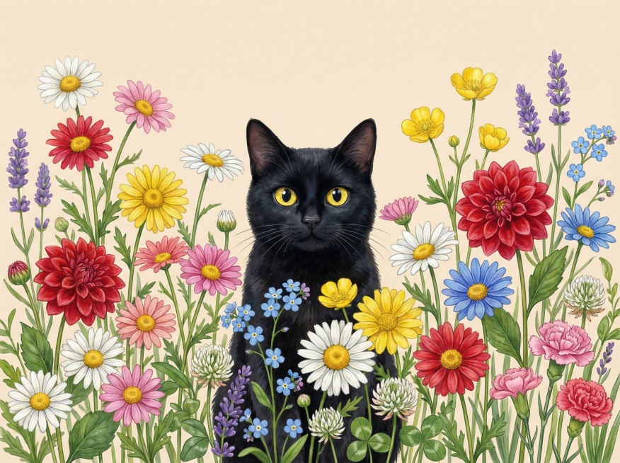 画面中间是一只中等大的卡通黑色的猫，眼睛是明亮的黄色，猫咪在花丛中探出头，身体下半部分被花朵遮挡。猫咪被一片野花花海环绕，包含多种色彩鲜艳的花卉：各色雏菊（白、黄、粉、红、蓝）、红色大丽花、黄色毛茛、预览效果