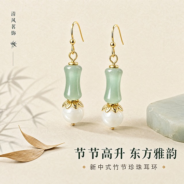 [主图-1] 首图点击率，氛围与身份感，极简陈列+国风意境，突出产品全貌与高级质感。
[商品修正] 重点修正：耳环白色圆珠顶部的金色连接件为花瓣形花托/花片造型（带花瓣边缘的金色帽托，不是光面圆环），花托花瓣轮廓清晰，与实物一致；保留竹节形浅绿色仿玉珠、白色圆珠、金色耳钩的整体结构与颜色。
[统一基调] 新中式国风轻奢风格；背景主色=米白宣纸质感；标题字色=深墨绿；辅助字色=暖灰褐；强调色=暖金色；字体=宋体衬线粗体（标题）+简洁无衬线（辅助）；组件=细线分隔、竹叶小图标、圆角浅底小标签；整体克制精致，文字占比低。
[画面] 耳环一对居中偏上摆放，竹节仿玉珠+白色珍珠+金色耳钩结构完整清晰，花瓣形花托细节可见，主体占画面约50%；背景为米白色宣纸质感，左下角点缀一小枝淡墨竹影和两片干枯竹叶，右下角放半块温润浅青玉色石质底座作衬托；耳环下方有柔和接触阴影，自然不悬浮。
[光影质感] 左前侧柔光箱主光，右侧窄条轮廓光勾出金属耳钩金边，玉石通透有内部光泽，珍珠有柔和高光点，花托花瓣边缘有清晰金属高光；整体暖调柔光，阴影柔和不生硬，商业精修质感，无灰尘划痕。
[配色] 米白宣纸底为主，浅豆绿竹影点缀，暖金金属反光，深墨绿文字；整体色调温润雅致，无冷蓝或高饱和色。
[文字版式] 左上角竖排小标「清风茗饰」品牌名（小号宋体），右下角横排主标题「节节高升 东方雅韵」（深墨绿宋体粗体），下方一行小号辅助文「新中式竹节珍珠耳环」（暖灰褐）；文字不遮挡耳环主体，字号克制不喧宾夺主。
[输出要求] 比例1:1，2048×2048，2K，花托花瓣造型清晰准确，产品清晰锐利，文字清晰可读，无变形错字，无水印无平台Logo，无廉价塑料感高光。