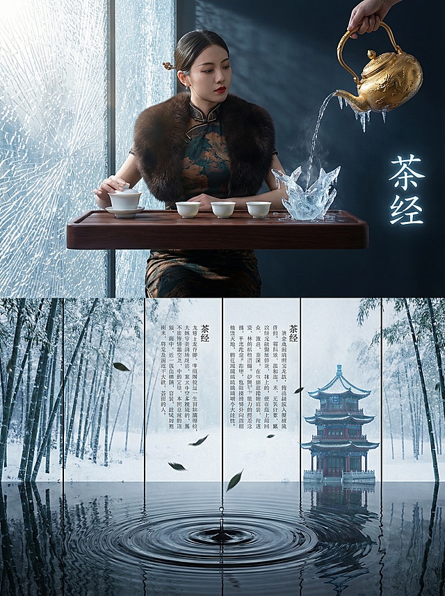 The blue sky shines through the ice cracked smart glass window, onto the woman in the ermine collar cheongsam. She is controlling the suspended tea table, and the water pouring from the gilded dragon pot spout condenses into ice crystals. The text of “The Classic of Tea” 5 ​. The nano rice paper on the background wall renders the bamboo forest after the snow in real time, and the falling bamboo leaves trigger circular ink ripples, in which the silhouette of the cyberpunk - style glazed pagoda is reflected.