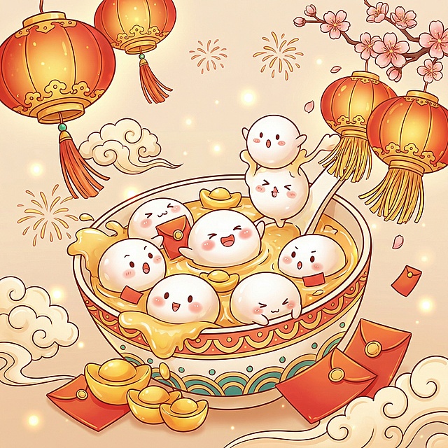 可爱风格元宵元素图，包含拟人化汤圆、元宵灯笼、金元宝等元素，风格参考上传的图片