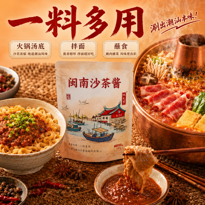 [主图-2调整] 参考双图风格，强化‘沙茶火锅汤底’核心卖点与场景融合。
[氛围风格] 地道潮汕风味美食摄影风，热气升腾、食欲感强
[画质] 商业级高清质感，光线柔和通透, 产品真实清晰
[元素] 中预览效果