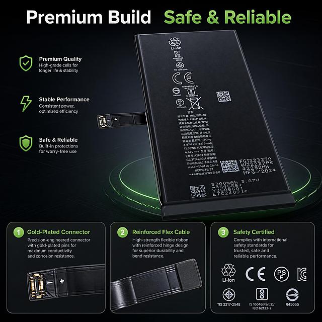 [主图-3] Premium build quality & safety details: Show battery connector, flex cable, build quality and safety certifications, proving premium construction and safe reliable performance.
[Visual style] Premium digital tech aesthetic, deep black tech style with green energy accents, clean and restrained, soft layered lighting; main colors deep black + cool gray + green energy accents, modern sans-serif bold font, rounded thin stroke semi-transparent card style.
[Composition] Main subject is the battery with flex cable and connector extended, angled slightly to show depth and thickness, clearly displaying matte black battery body, flexible ribbon cable, precision connector with gold-plated pins, and clean edge sealing; below the main product, 3 rounded detail cards horizontally arranged, each zooming in on a key quality feature: gold-plated precision connector, reinforced flex cable hinge, multiple safety certifications (CE, Li-ion, etc.); product occupies about 50% of frame in upper-middle position; dark charcoal gradient background.
[Lighting & texture] Macro commercial photography quality, matte black battery surface with fine texture, flex cable with realistic FPC circuit board detail, warm golden metallic luster on gold-plated connector pins, precise clean sealing edges, light from top with side rim light for dimensional clarity and premium feel.
[Color palette] Dark charcoal gradient background, matte black battery, gold connector pins, green as annotation leader lines and card highlight, white + light gray text.
[Typography] Top main title "Premium Build  Safe & Reliable"; 3 detail cards labeled "Gold-Plated Connector", "Reinforced Flex Cable", "Safety Certified"; small clear text inside cards; overall text does not block main product structure.
[Output requirements] 1:1 square aspect ratio, details sharp and clear, structure realistic, text legible; NO distortion, typos, blur, cluttered background, watermark, platform logo, fictional certifications.
