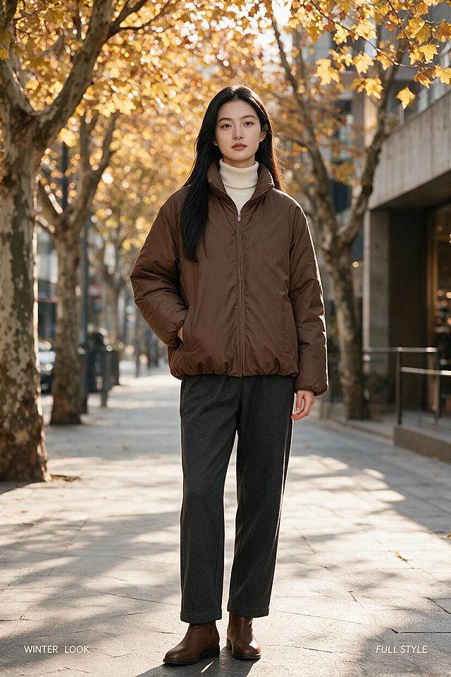 模特主造型页。女模特留乌黑顺滑长直发，妆容干净素雅，神情平静从容。她穿着焦糖棕色立领拉链棉服（夹棉蓬松饱满）+米白色高领毛衣+深灰色直筒裤+棕色短靴，站在冬日城市街头的梧桐树下，正面全身照，姿态自然优雅，一手插兜一手自然下垂，目光看向镜头。背景是虚化的冬日街道和金黄梧桐叶，暖调金色午后阳光。棉服位于画面中心，占比约55%。

套系策略：风格=冬日极简高级通勤商业摄影；主色=焦糖棕+深灰；背景延展=暖棕、焦糖、米灰层级，水泥墙面+金属+毛呢质感；强调色=奶白色，仅用于小面积图标、引线和标签；光影=午后暖调金色侧逆光，柔和自然。

左下角小号英文「WINTER LOOK」，右下角小号英文「FULL STYLE」；无中文卖点文字，突出画面本身。文字不遮挡人物和棉服主体。

图片比例2:3竖版，2K，高清商业摄影质感，避免变形、错字、文字过小、冷蓝背景、衣服颜色改变、版型失真。